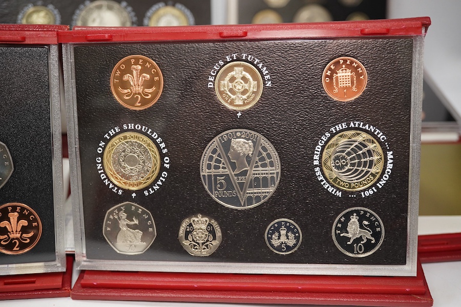 British coins, QEII, Royal Mint, seven UK proof coins sets, deluxe 1997-1999 and 2001-2003 and executive 2000